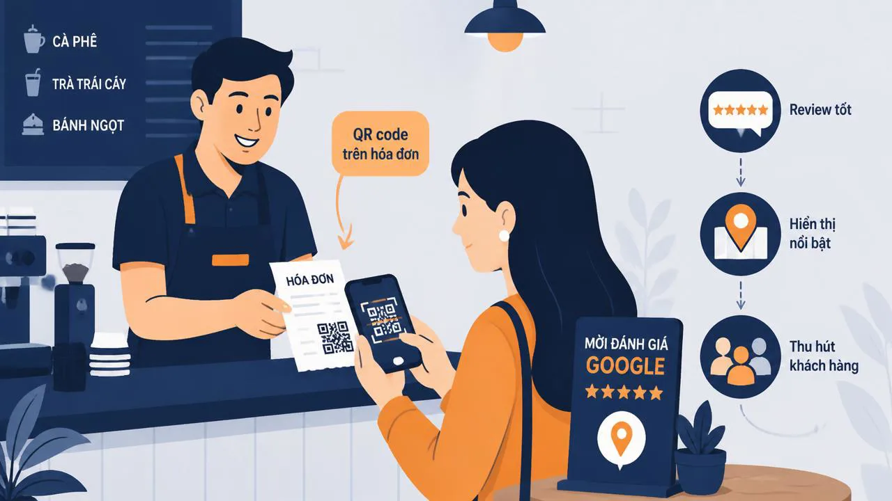 Nhân viên quán đưa hóa đơn có QR code cho khách