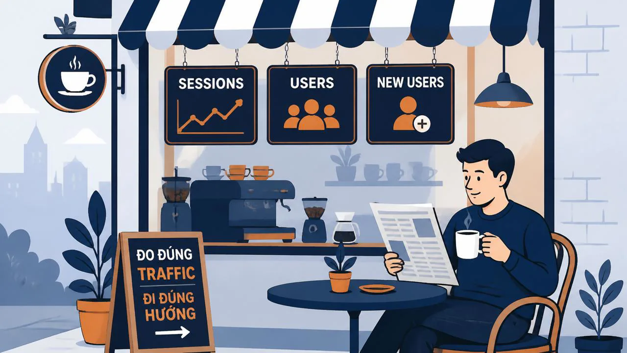 Minh họa ba chỉ số traffic qua hình ảnh quán cà phê