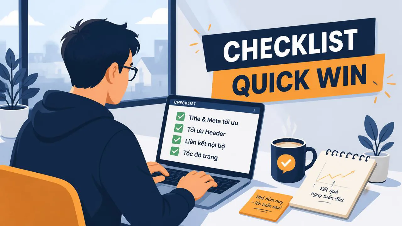 Freelancer làm checklist quick win SEO trên laptop