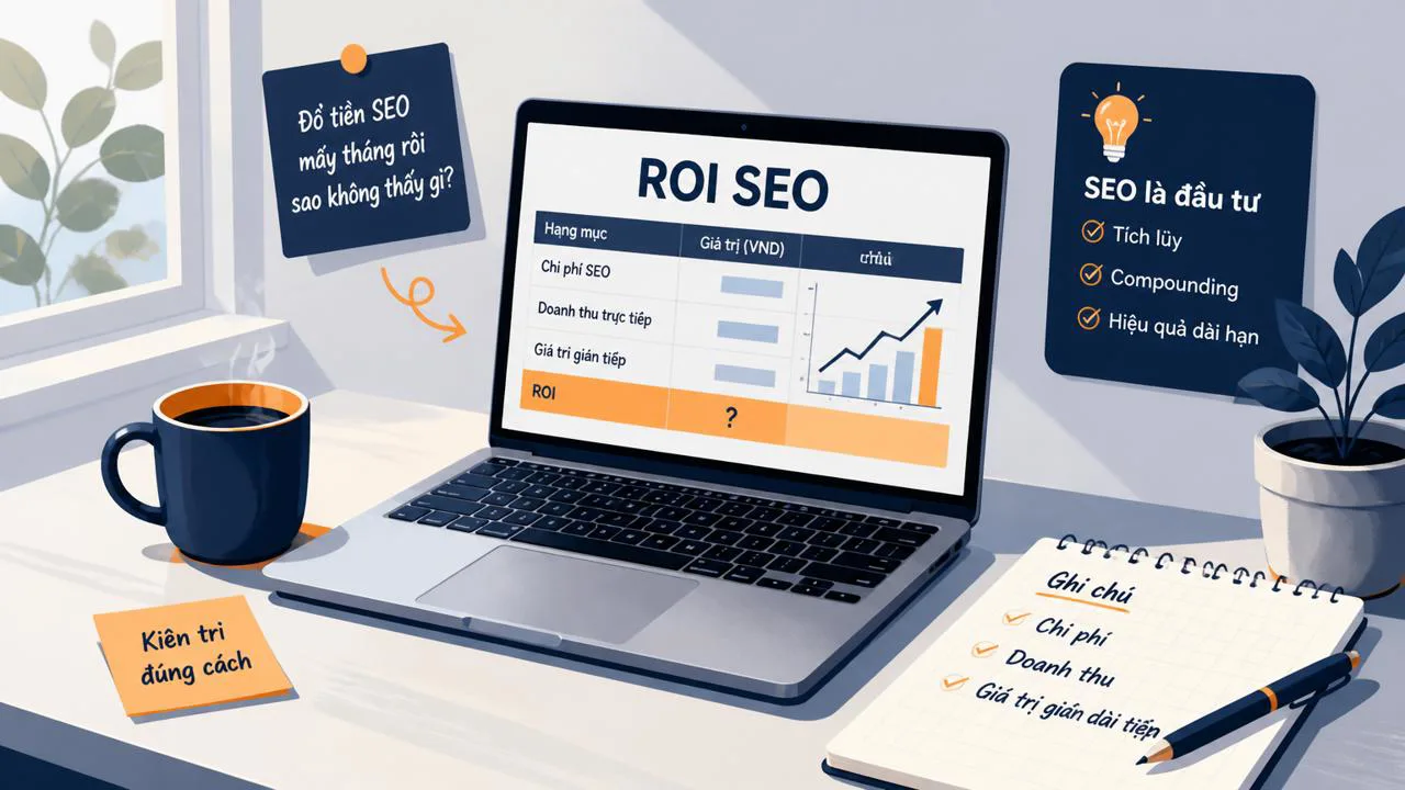 Bàn làm việc với laptop mở bảng tính ROI SEO.