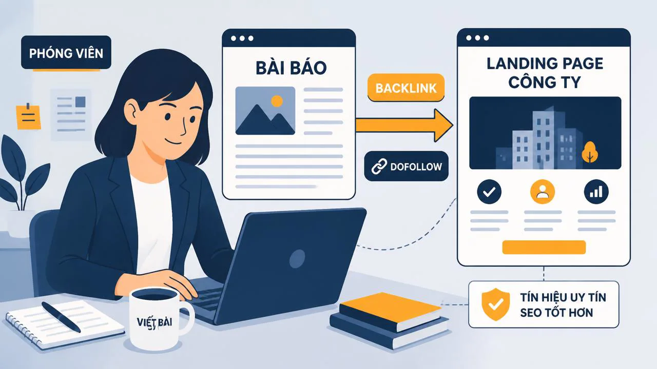 Sơ đồ minh họa backlink từ báo về landing page