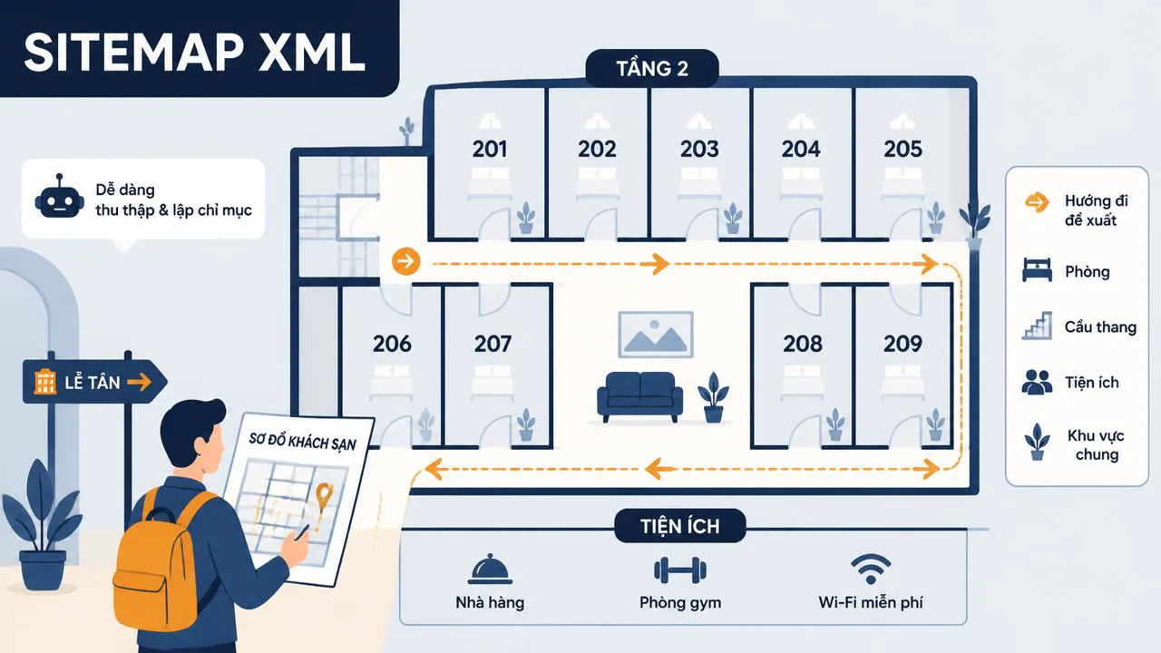 Minh họa sitemap xml như bản đồ khách sạn