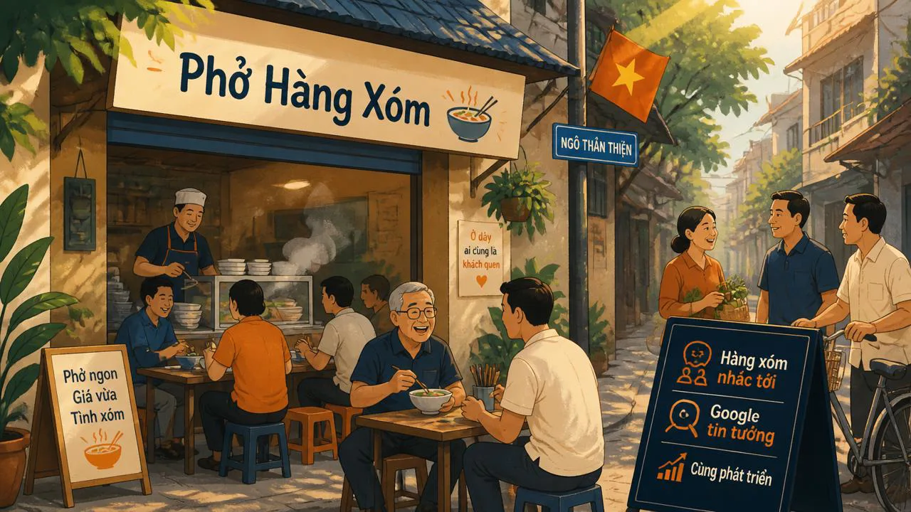 Minh họa tiệm phở hàng xóm như ẩn dụ cho hệ sinh thái nội dung