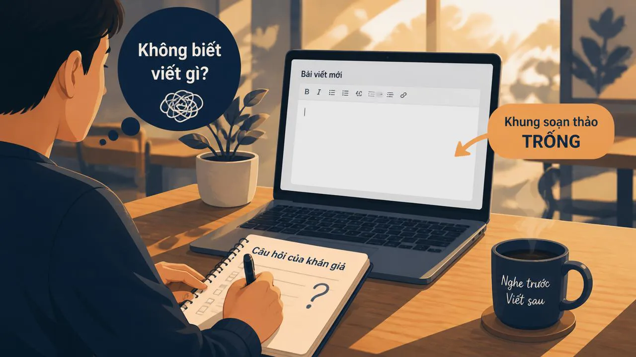 Người ngồi trước laptop không biết viết gì