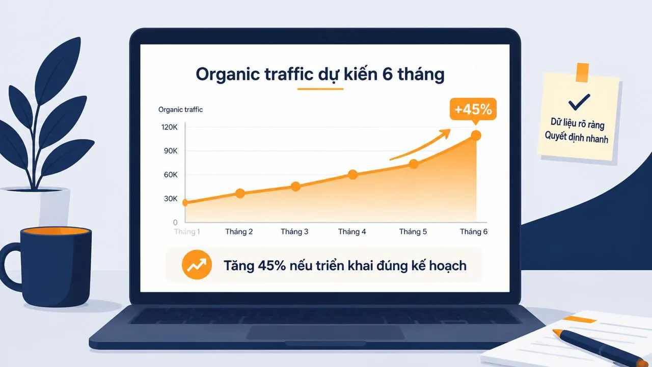 Biểu đồ dự báo SEO có nhãn rõ và câu tóm tắt bên dưới