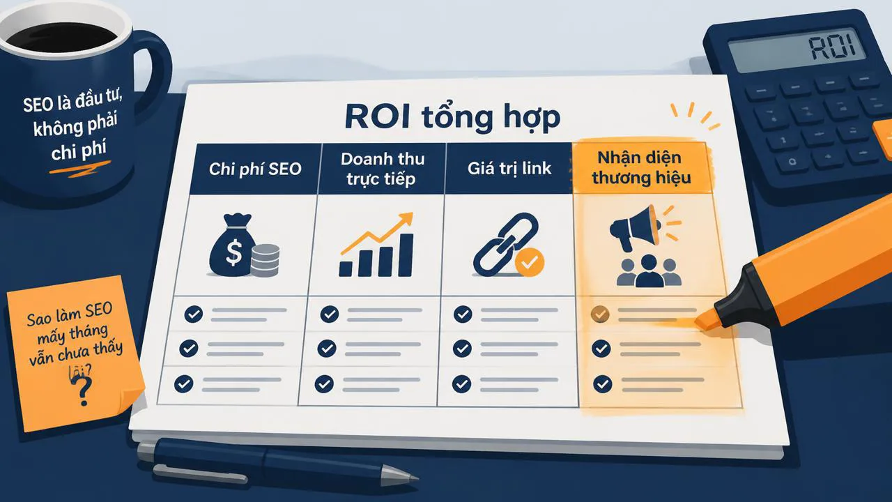 Bảng tính ROI tổng hợp gồm chi phí, doanh thu, giá trị link và nhận diện.