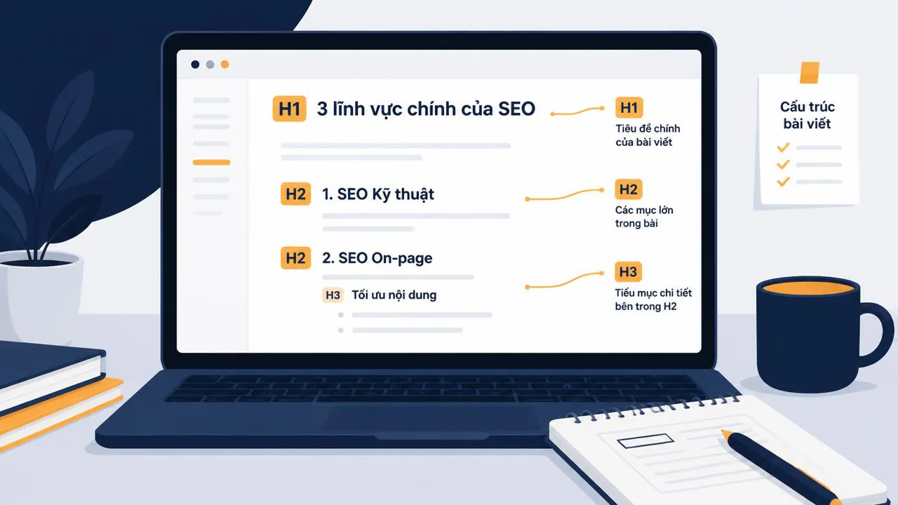 Minh họa cấu trúc tiêu đề H1 H2 H3 trên trang