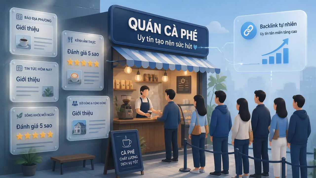 Quán cà phê nhỏ với nhiều đánh giá và lời giới thiệu dán trên tường