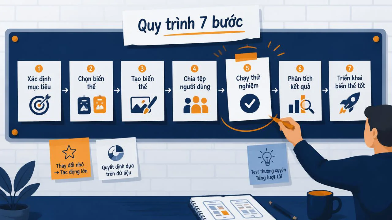 Bảng ghi quy trình A/B testing 7 bước dán trên tường
