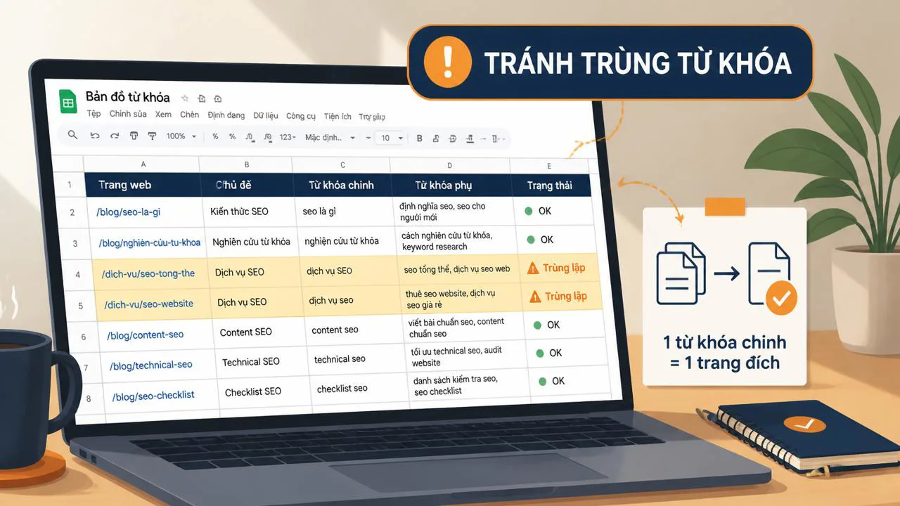 Bảng Google Sheet đánh dấu trang có nguy cơ trùng từ khóa