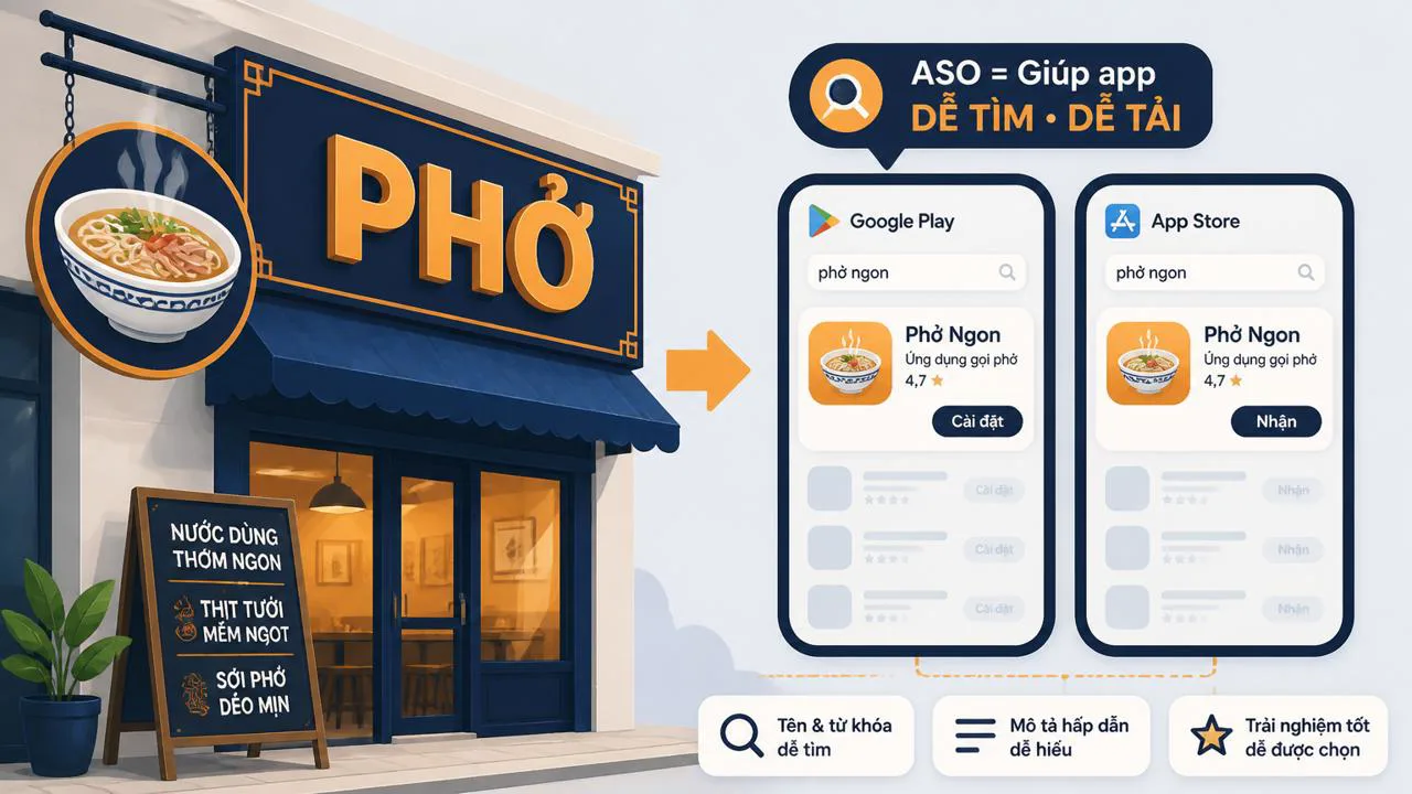 Ví dụ mặt tiền quán phở minh họa cho ASO