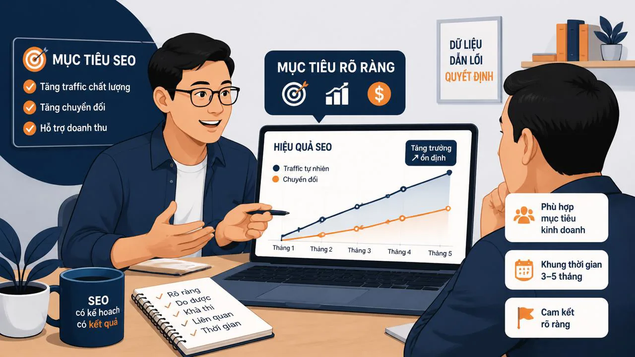 Freelancer giải thích mục tiêu SEO cho khách hàng qua biểu đồ
