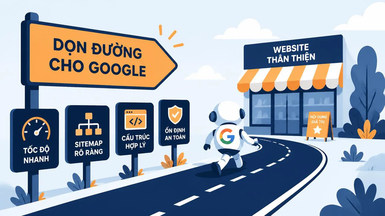 Minh họa technical SEO như dọn đường cho Google vào website