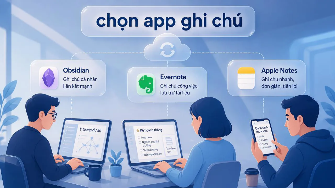 Minh họa ba nhóm app ghi chú phổ biến