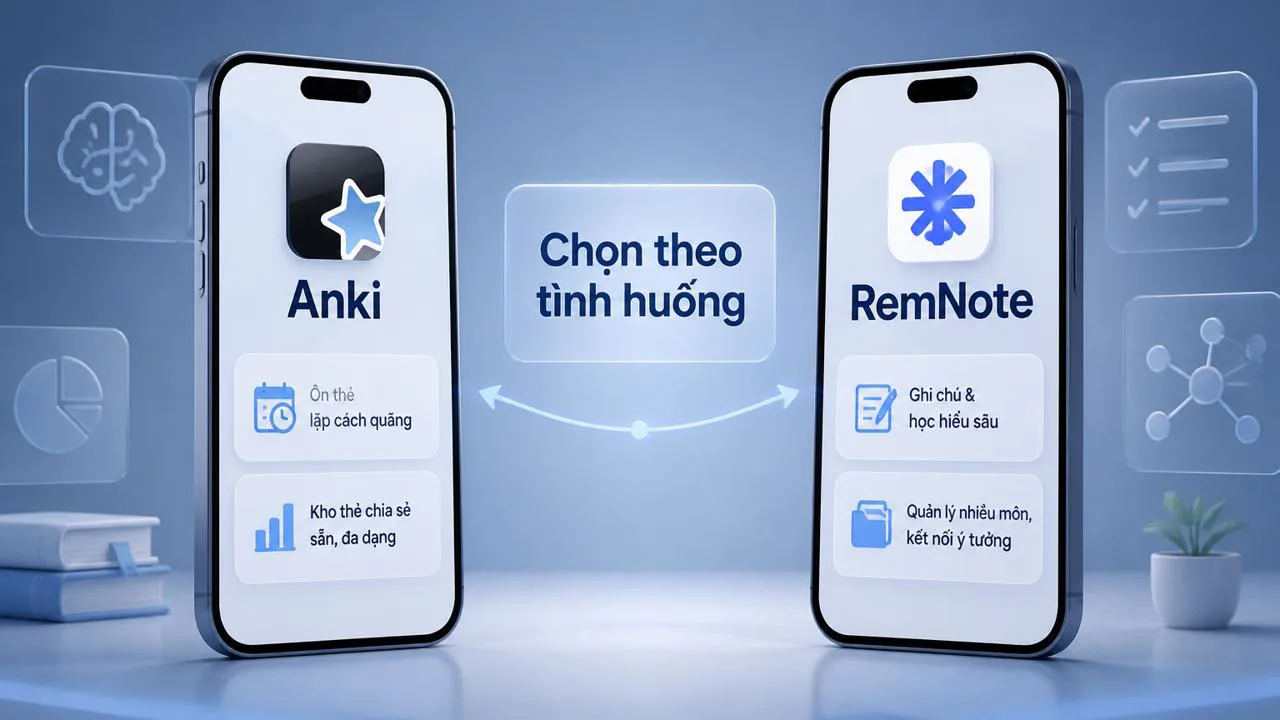 Hai điện thoại cạnh nhau hiển thị Anki và RemNote