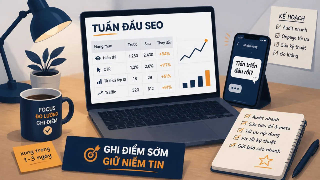 Freelancer ngồi bàn nhận tin nhắn hỏi tiến triển SEO tuần đầu