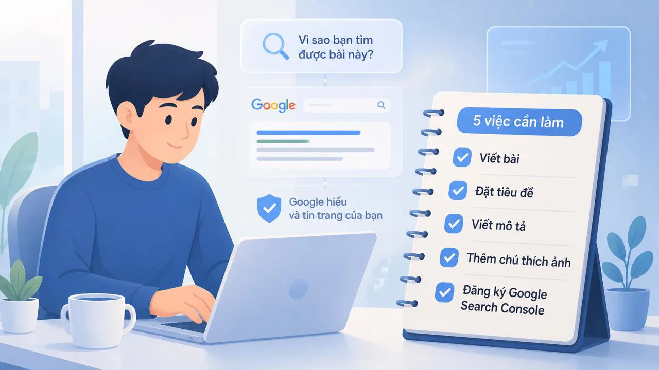 Minh họa checklist năm bước SEO cho người mới