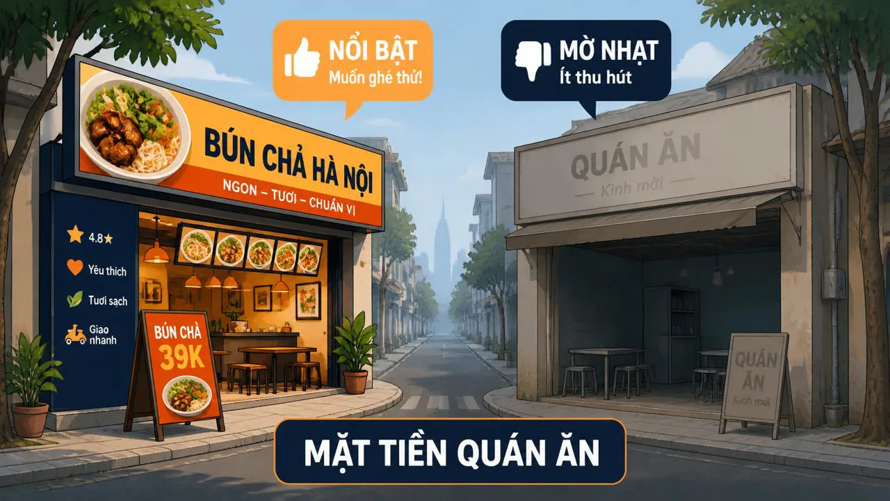 Minh họa mặt tiền hai quán ăn để so sánh ảnh đẹp và mờ nhạt