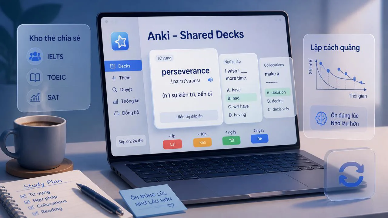 Giao diện Anki trên laptop với thẻ flashcard tiếng Anh