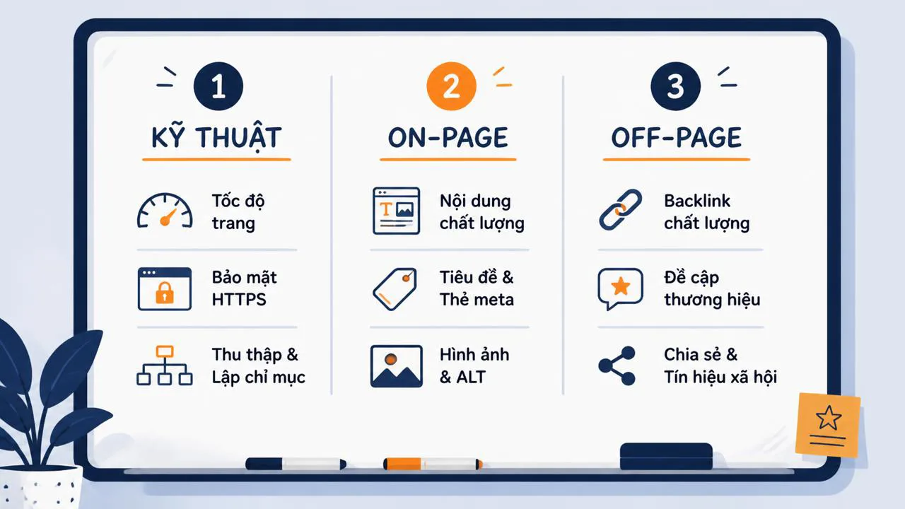 Sơ đồ ba lĩnh vực SEO kỹ thuật on-page off-page