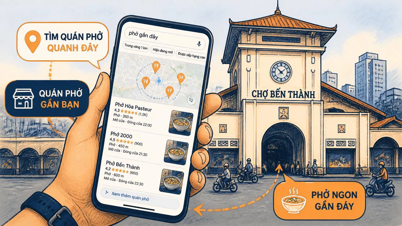 Khách tìm quán phở quanh chợ Bến Thành trên Google Maps