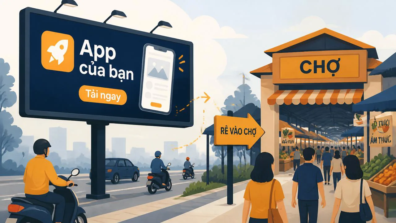 Biển đường lớn dẫn người vào sạp app trong chợ App Store