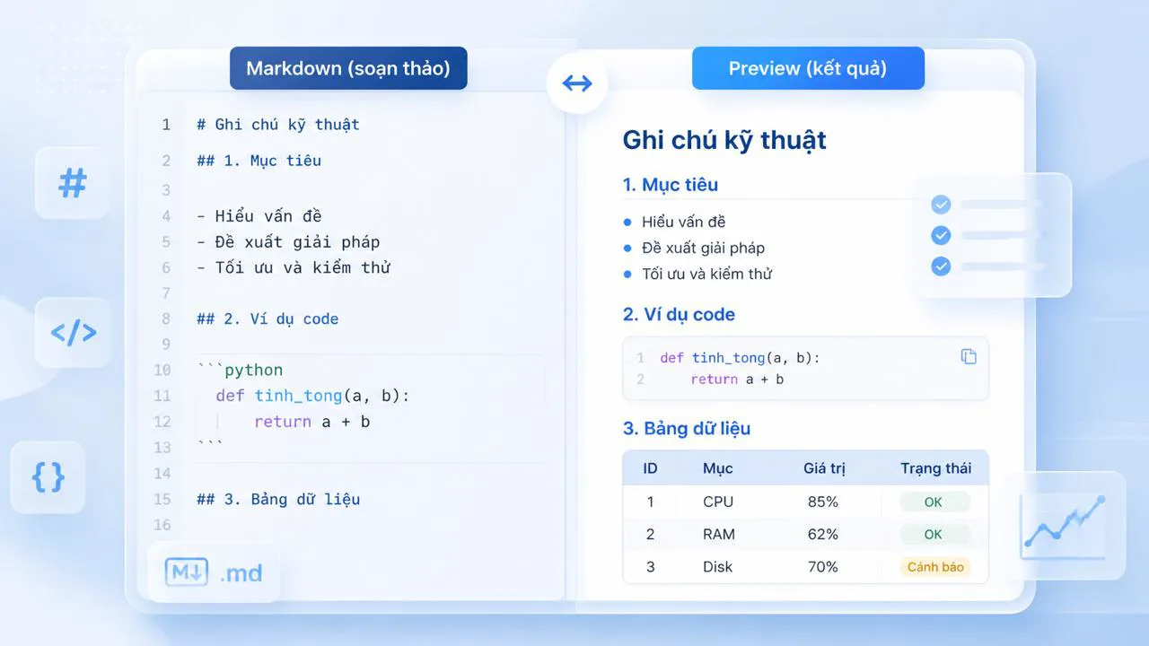 VS Code preview Markdown với tiêu đề và code