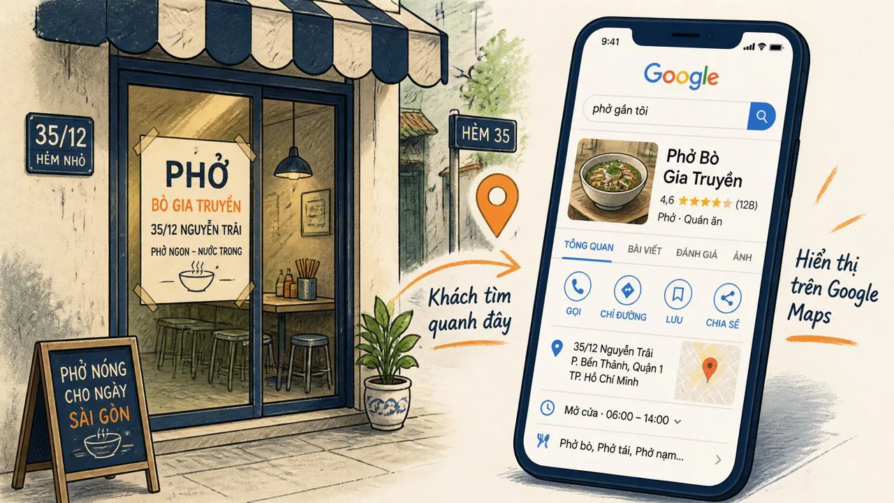 Quán phở có biển hiệu thật và hồ sơ Google Business Profile tương ứng