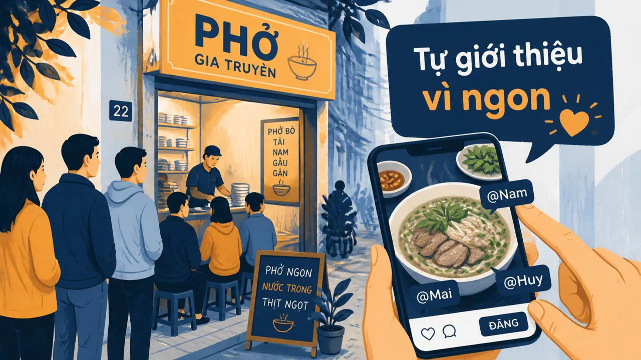 Minh họa khách tự giới thiệu quán phở ngon trên mạng xã hội