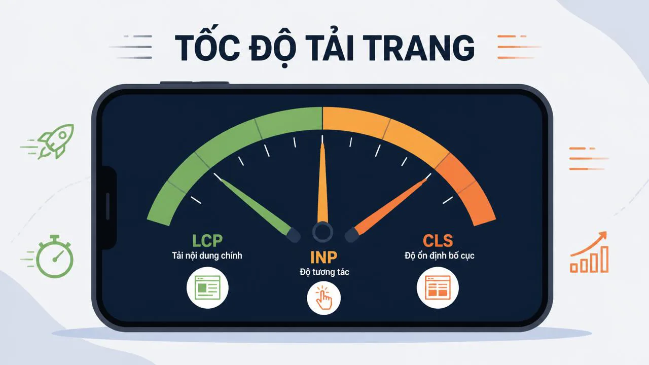 Minh họa Core Web Vitals với ba chỉ số LCP INP CLS