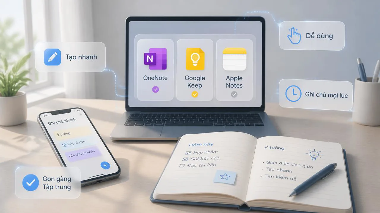 Bàn làm việc gọn với điện thoại và laptop