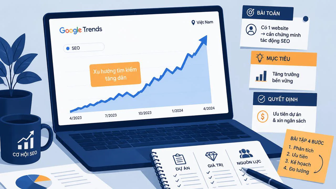 Minh họa biểu đồ Google Trends đi lên theo thời gian