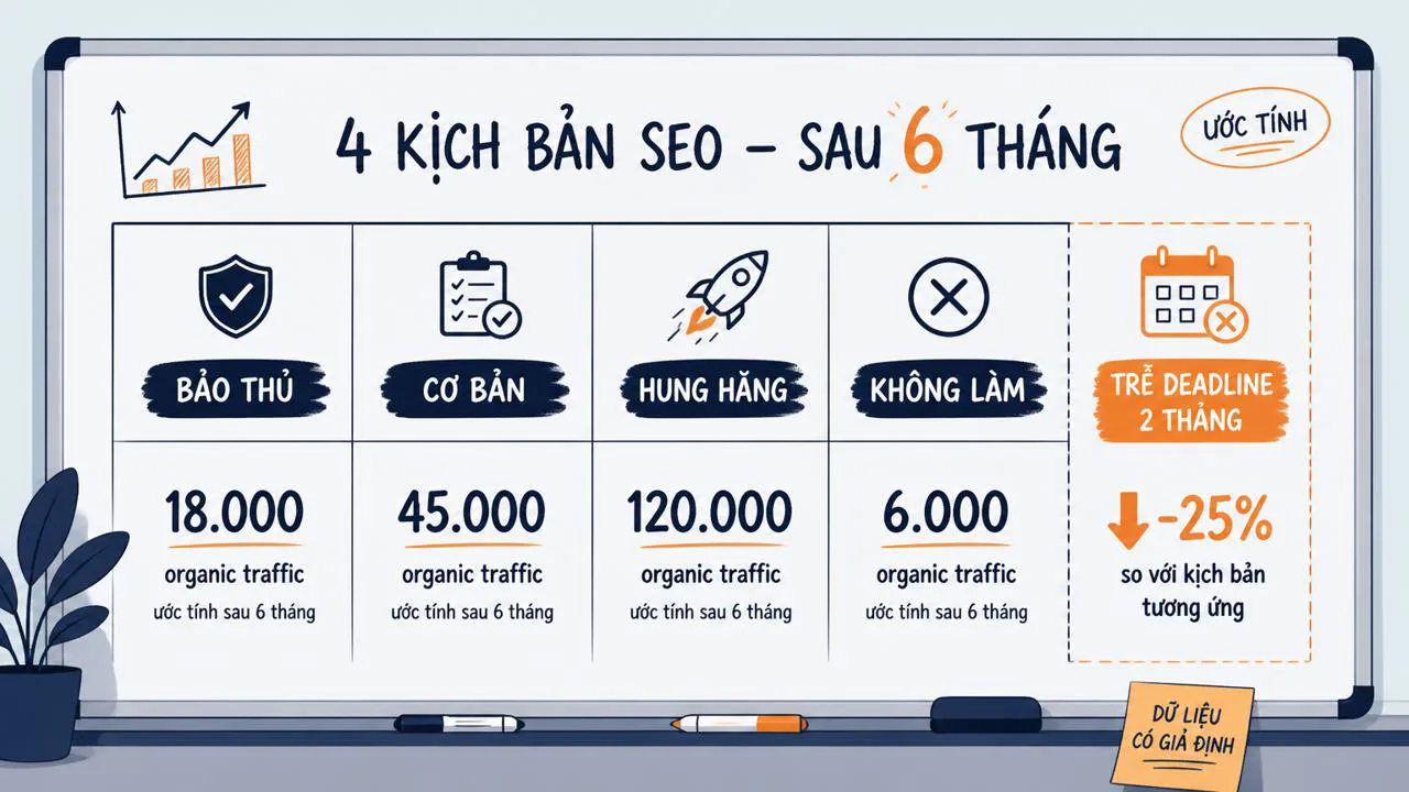 Bảng 4 kịch bản dự báo SEO: Bảo thủ, Cơ bản, Hung hăng, Không làm