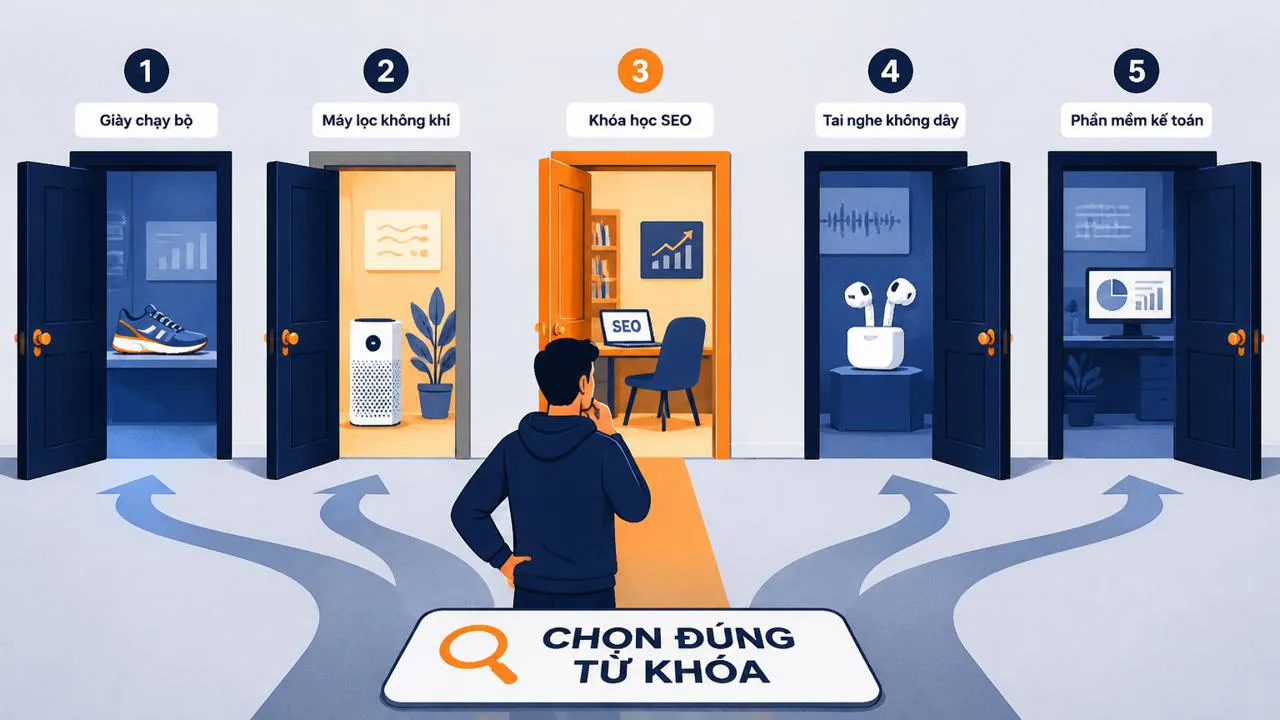 Minh họa chọn từ khóa như chọn cánh cửa