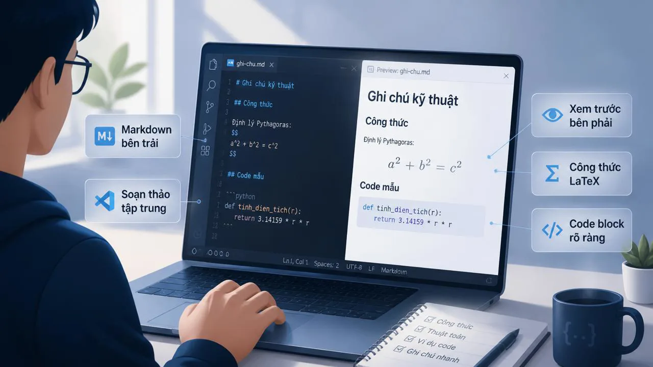 Lập trình viên ghi chú Markdown và LaTeX trong VS Code