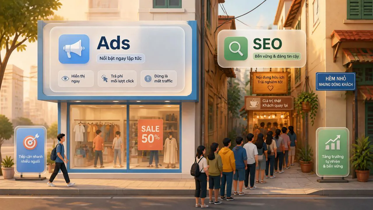 Hình ảnh so sánh quảng cáo và SEO qua ví dụ cửa hàng