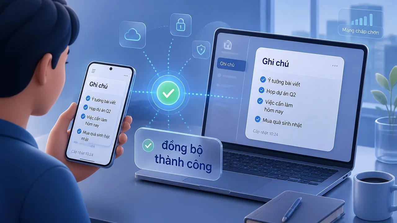 Minh họa đồng bộ ghi chú thành công giữa điện thoại và laptop