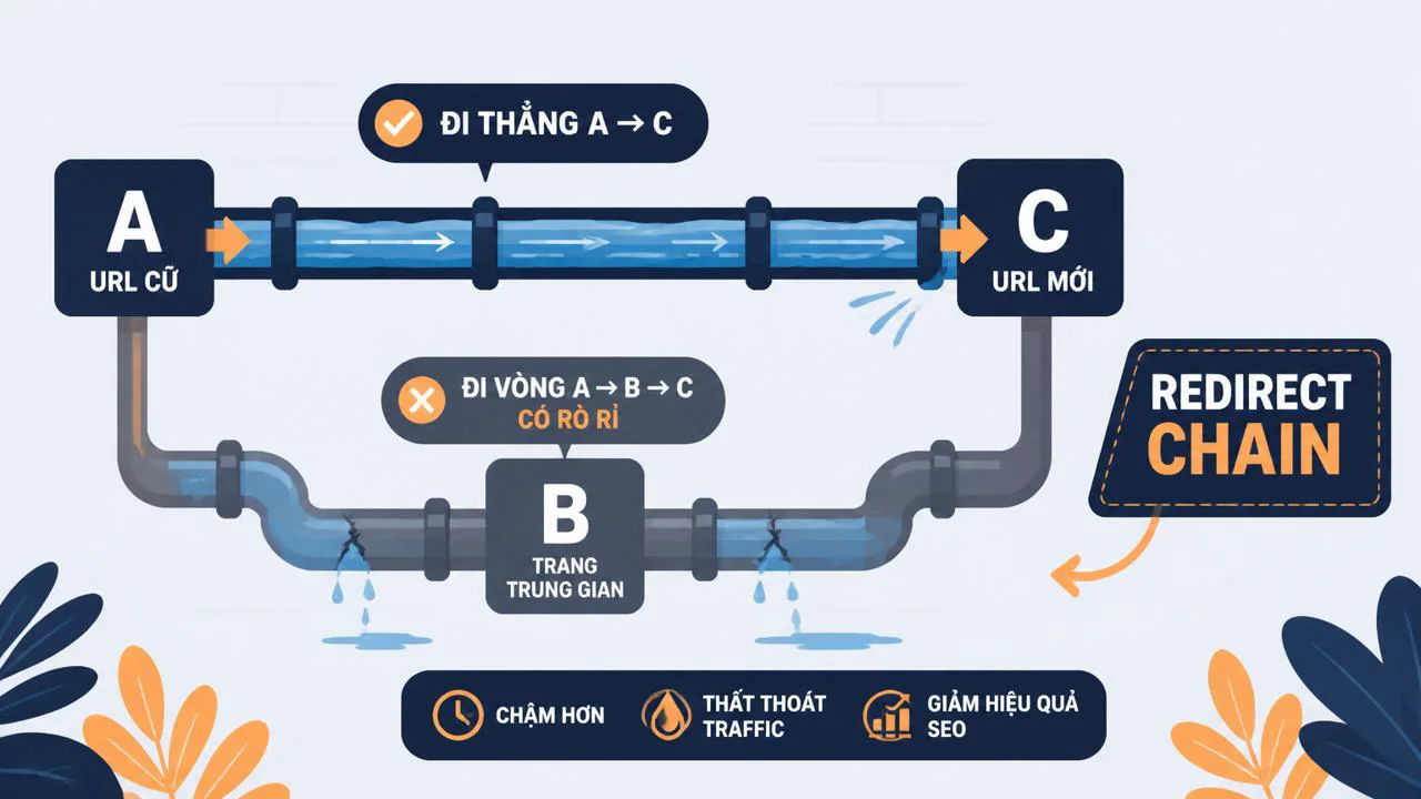 Sơ đồ minh họa redirect chain và link equity bị rò rỉ