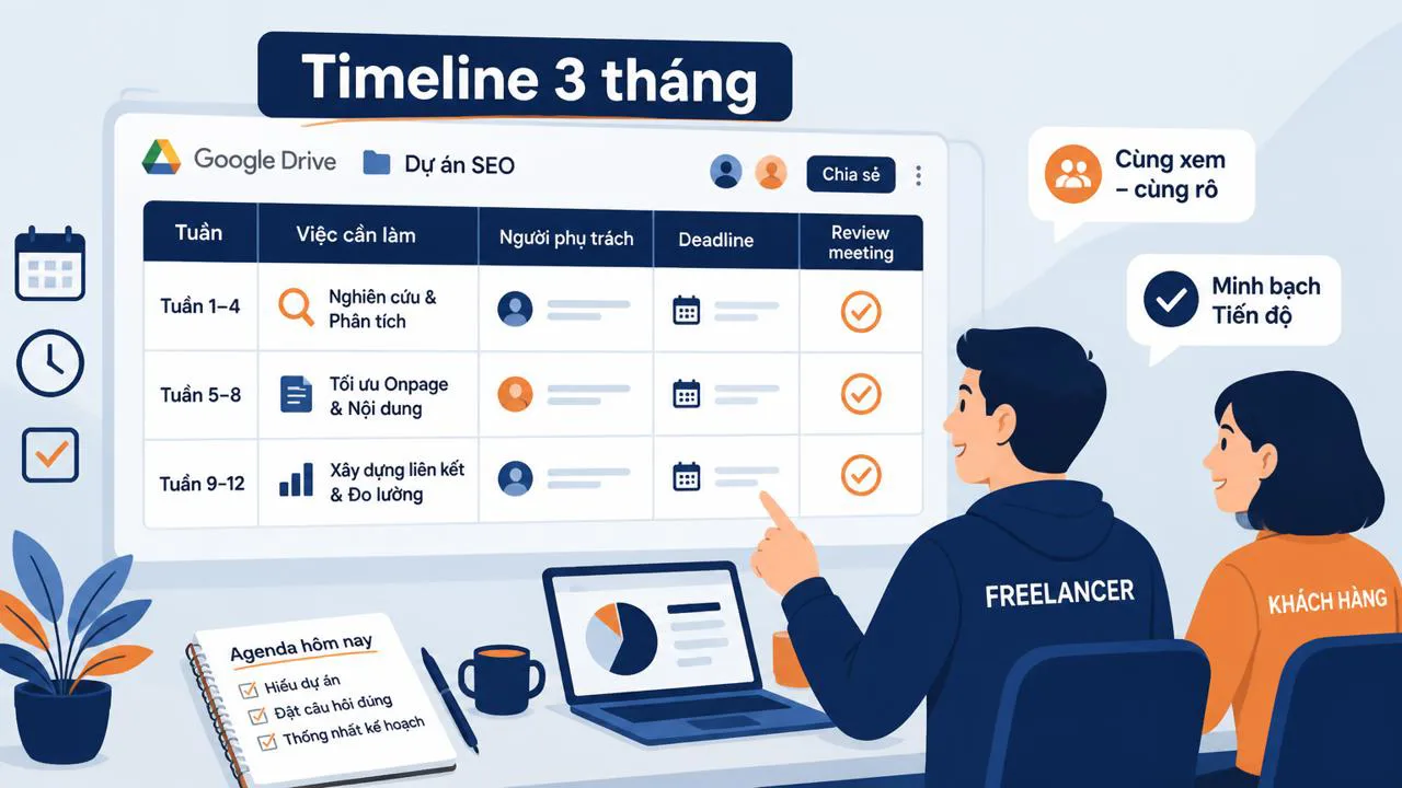 Bảng timeline 3 tháng trong Google Drive cho dự án SEO