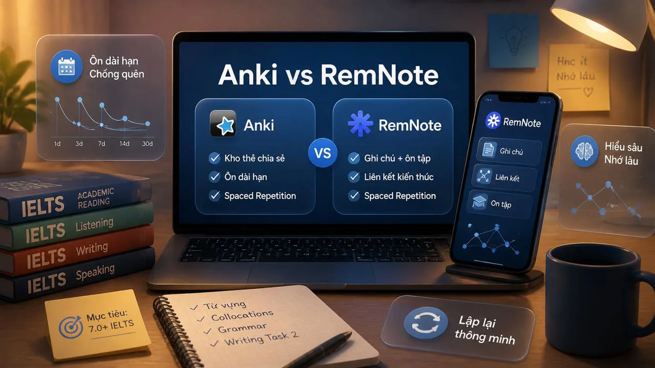 Bàn học với Anki trên laptop và RemNote trên điện thoại