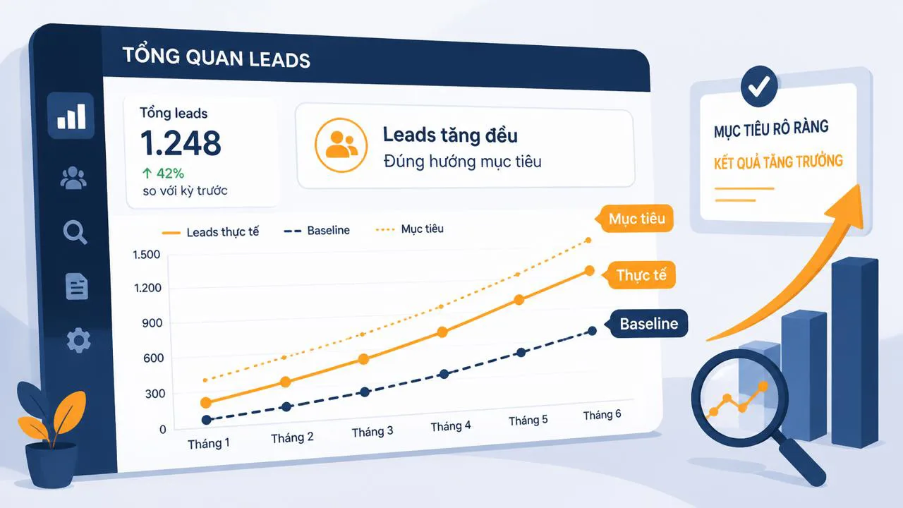 Dashboard leads tăng dần qua các tháng với baseline và mục tiêu