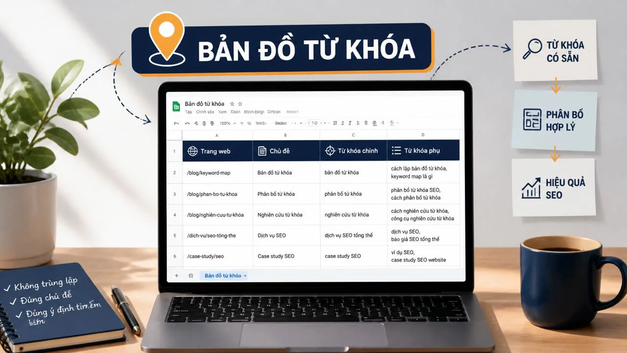 Bàn làm việc với laptop mở bảng tính lập bản đồ từ khóa