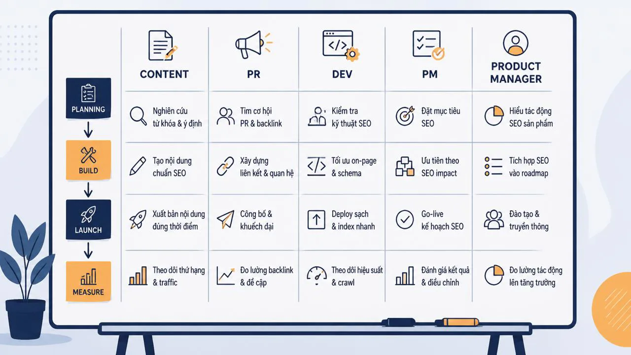 Bảng checklist SEO theo 5 vai trò và 4 giai đoạn