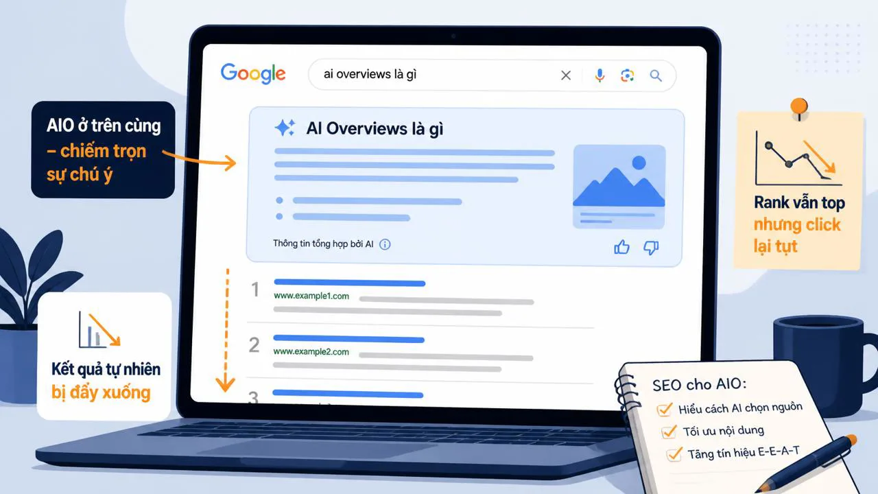 Hộp AI Overviews đầu trang kết quả Google