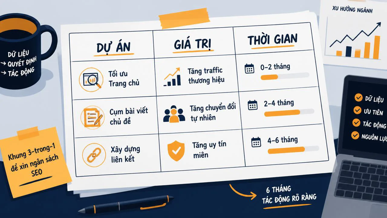 Minh họa bảng kế hoạch SEO 3 cột đơn giản