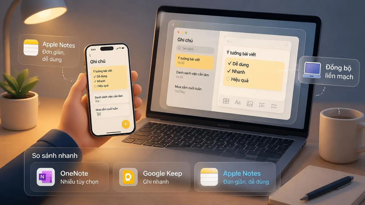 Người dùng iPhone và MacBook mở ứng dụng ghi chú