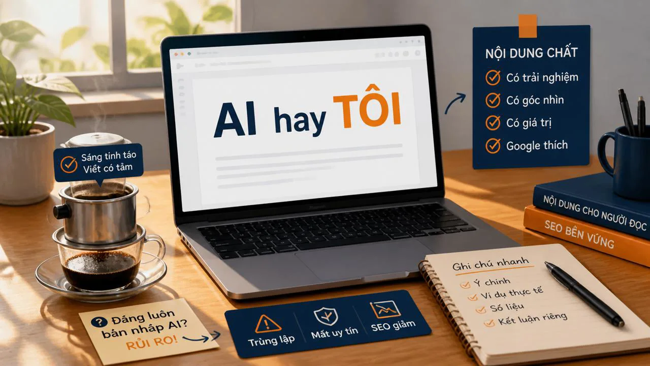 Người viết ngồi cạnh laptop đang cân nhắc dùng AI viết bài