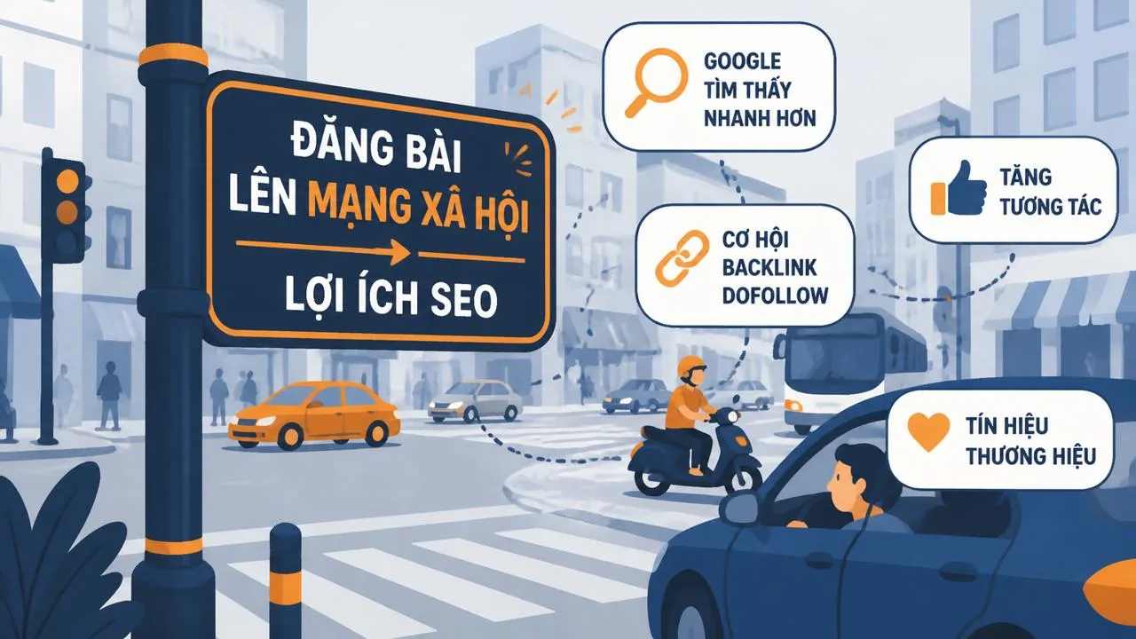 Biển hiệu ở ngã tư đông người — ẩn dụ cho việc MXH giúp Google khám phá trang nhanh hơn