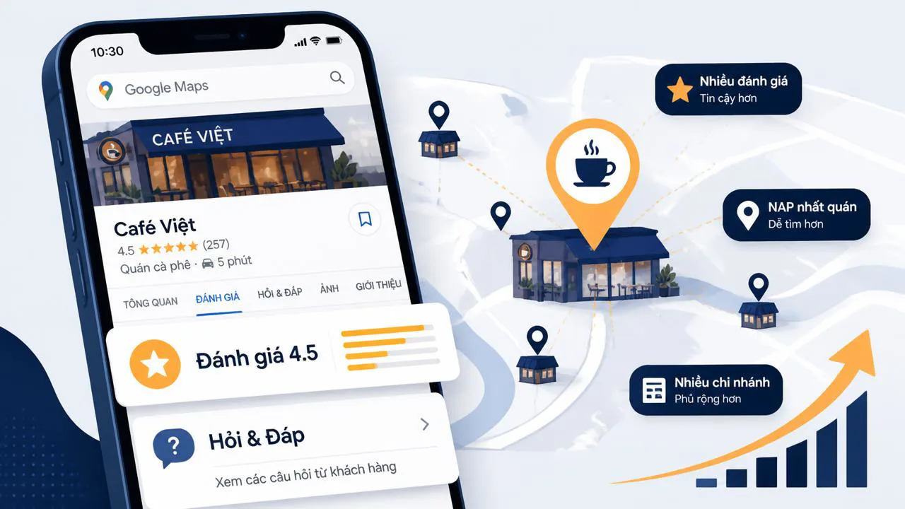 Điện thoại hiển thị trang Google Maps với review và mục hỏi đáp