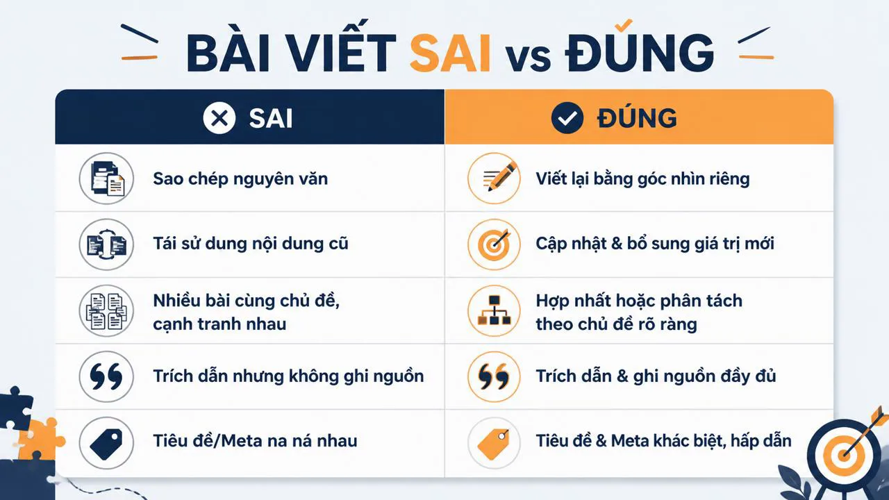 Bảng so sánh bài viết SEO sai và đúng